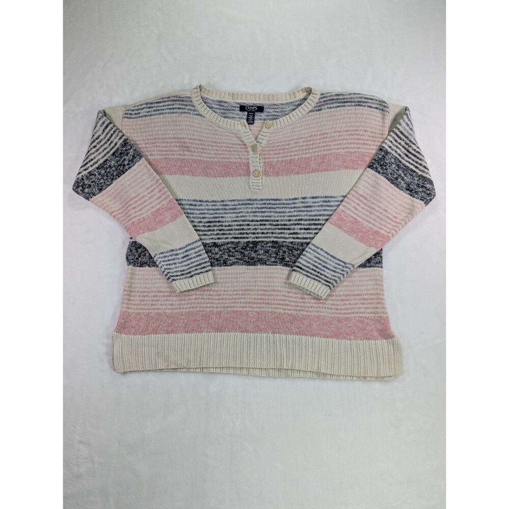 Chaps Size Medium Linen/Cotton Henley Sweater w/Pink, Blue, Cream Stripes
